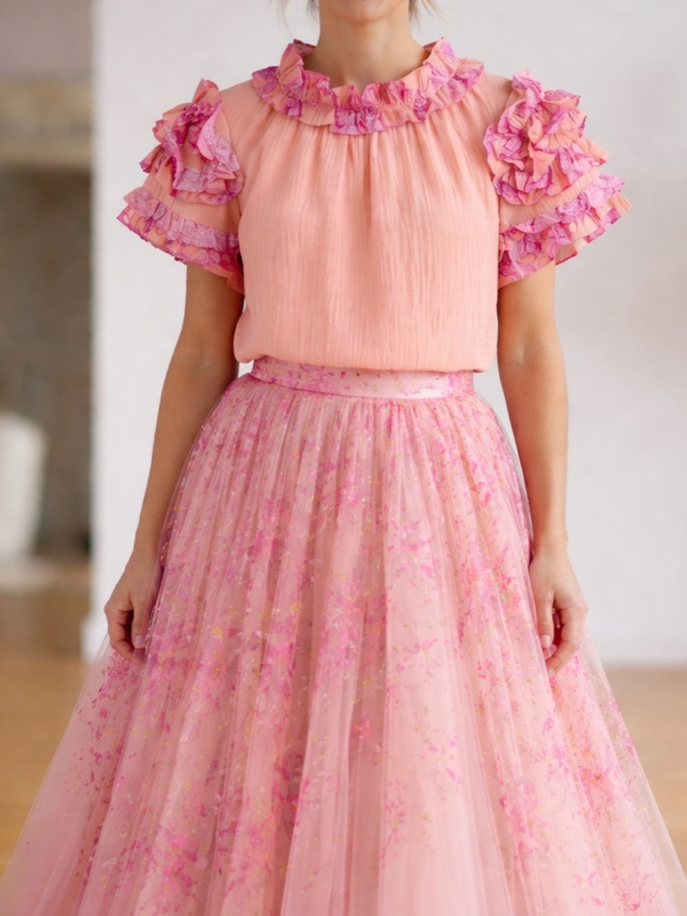ODDY Coral Sherbet Flutter Sleeve Ruffled Blouse - Picture 2 of 4